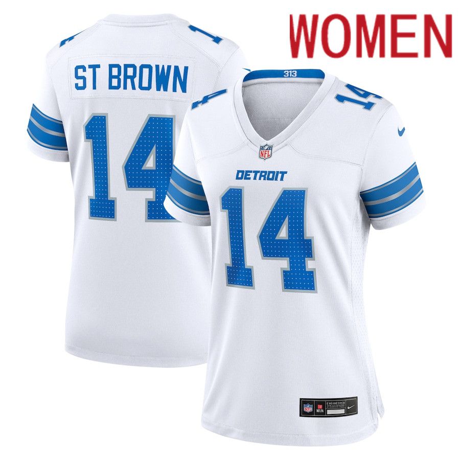 Women Detroit Lions 14 Amon-Ra St. Brown Nike White White Game NFL Jersey